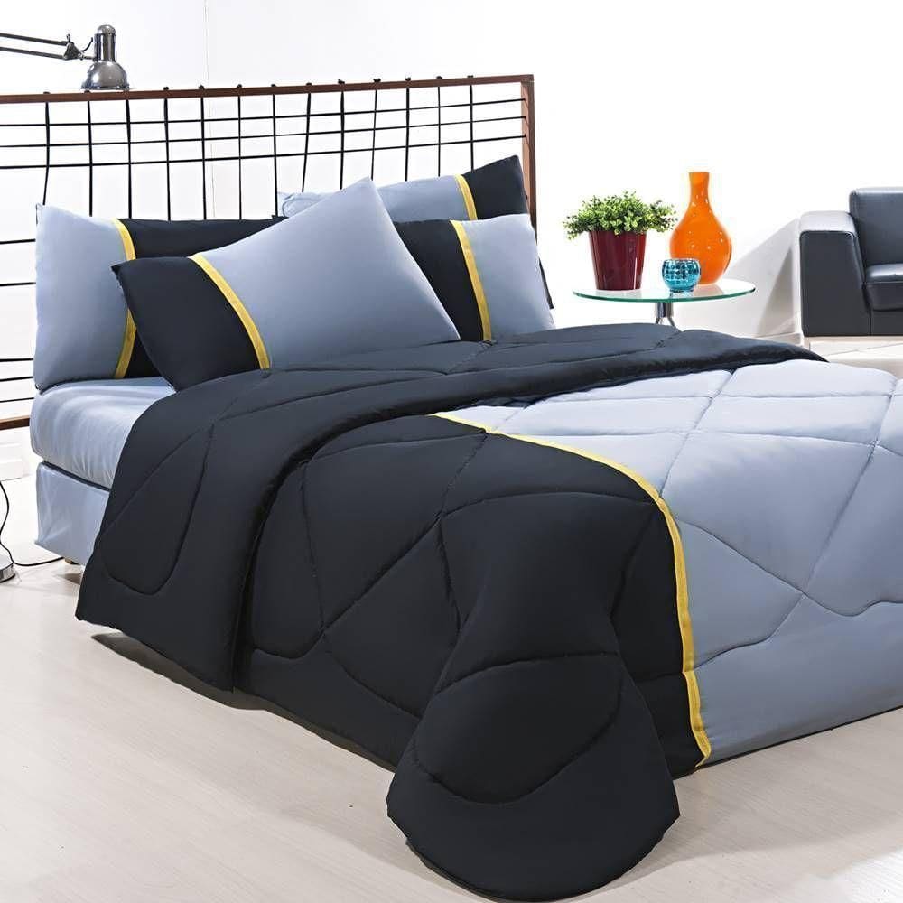 Enxoval Edredom + Jogo De Cama King Aconchego Premium 06 Peças Preto- Cinza