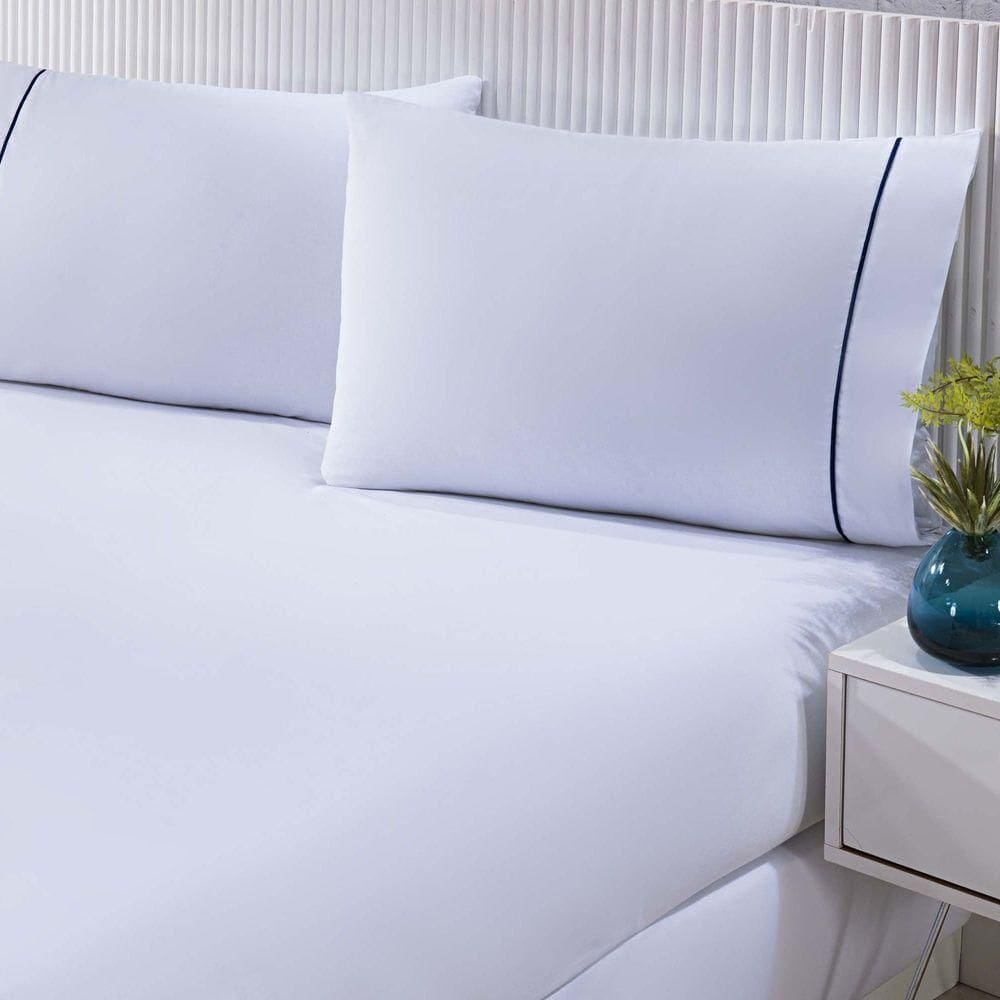 Jogo De Cama Lençol 100% Algodão Percal 150 Fios Casal Gran Moratta 3 Peças Branco E Azul