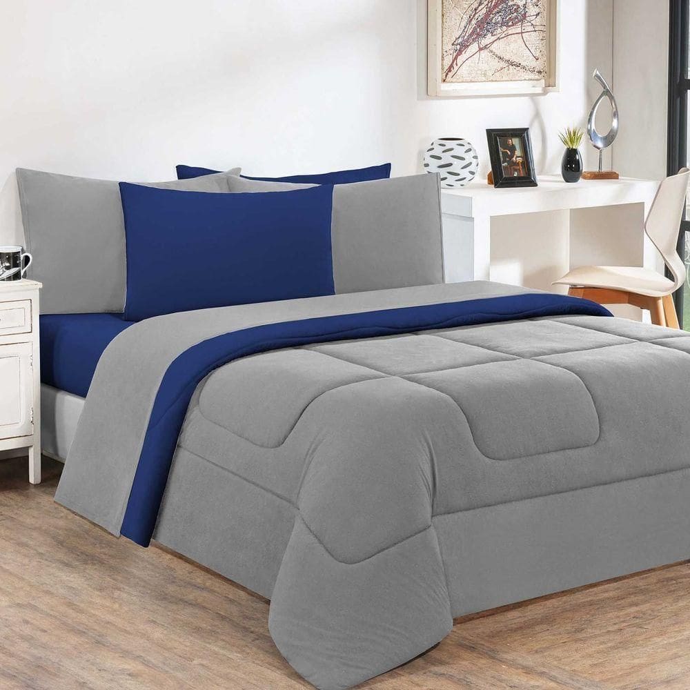 Kit Edredom + Jogo De Lençol 100% Algodão Gran Moratta 6 Peças King Cinza-azul Royal
