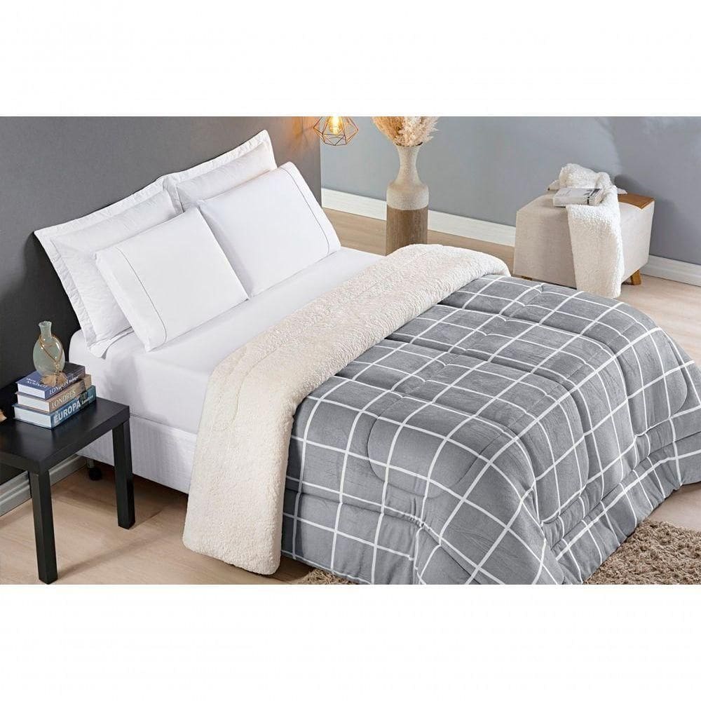 Coberdrom Sherpa E Flannel Austin Queen Manta 100g 01 Peça - Cinza