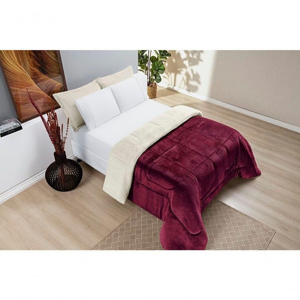 Coberdrom Sherpa E Flannel Everest Solteiro Manta Alta 150g 01 Peça - Vinho