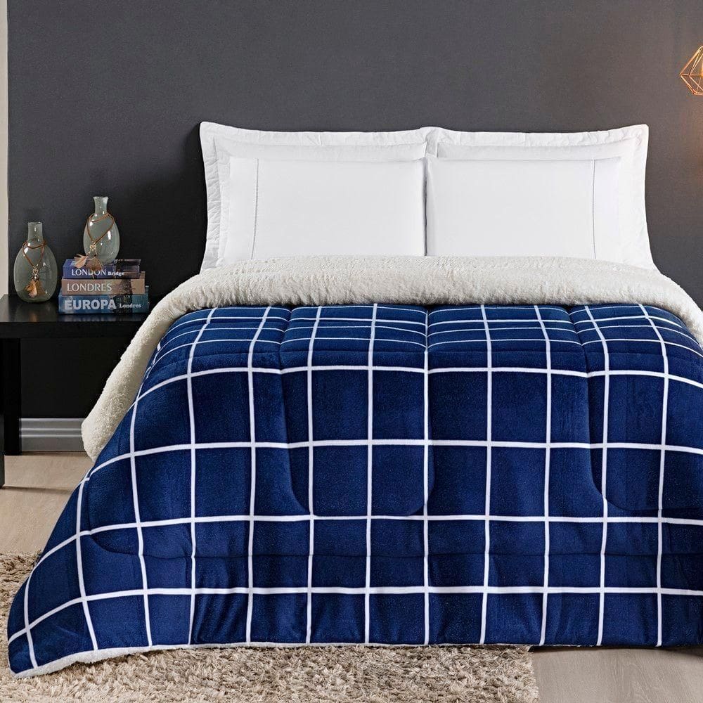 Coberdrom Sherpa E Flannel Austin Queen Manta 150g 01 Peça - Marinho