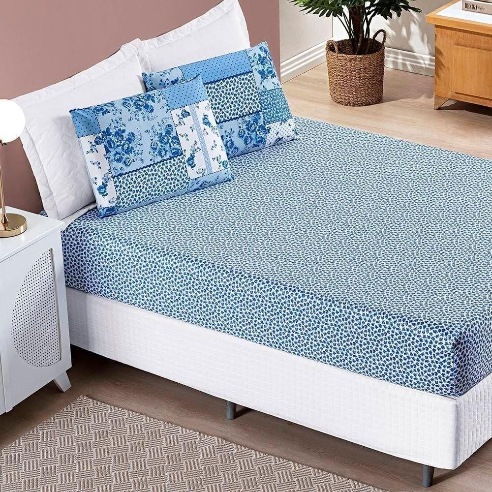 Jogo De Cama Lençol Bouti Estampado King 03 Peças - Azul Sereno