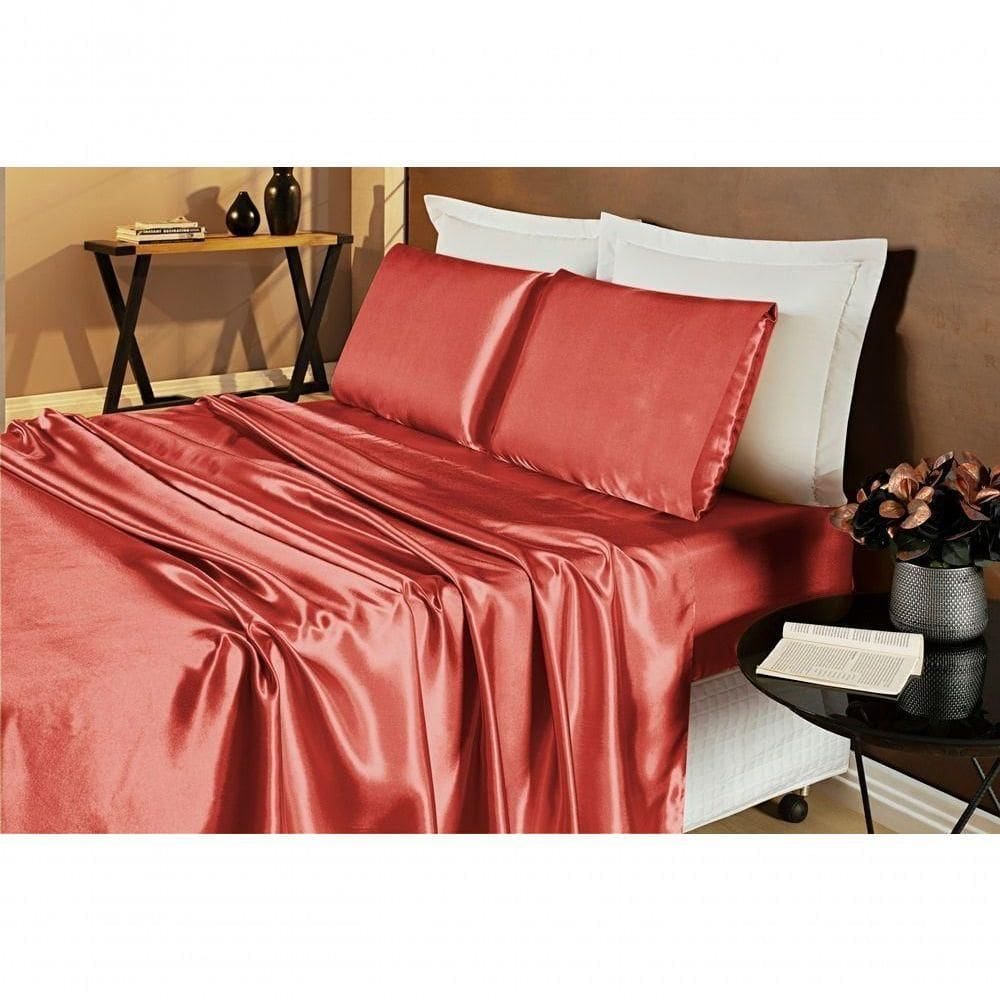 Jogo De Cama Lençol Cetim King Romantic 04 Peças Telha