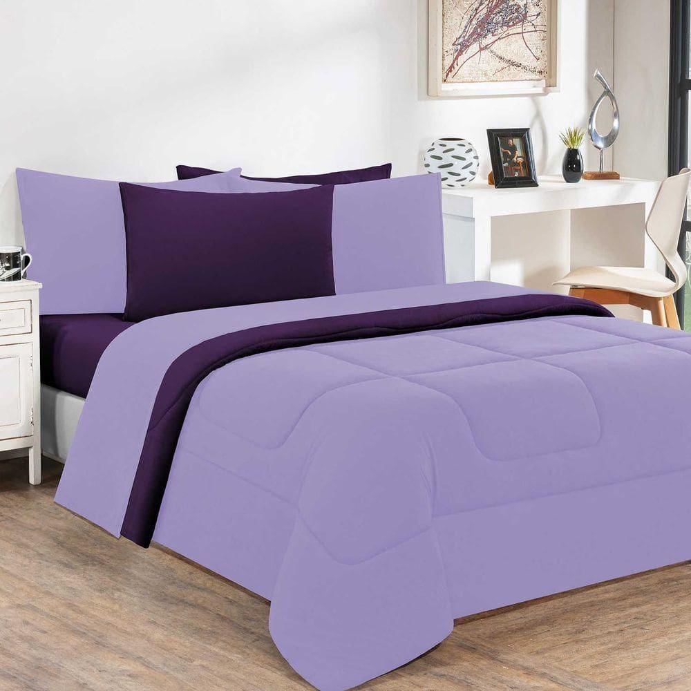 Kit Edredom + Jogo De Lençol Malha 100% Algodão Gran Moratta 6 Peças Queen - Lilás-roxo