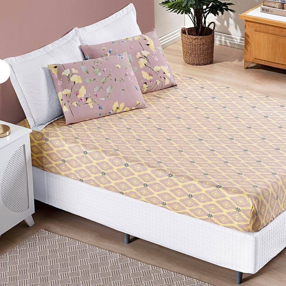 Jogo De Cama Lençol Bouti Estampado Casal Padrão 03 Peças Lavanda