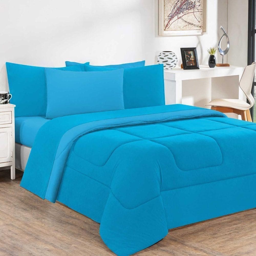 Kit Edredom + Jogo De Lençol Malha 100% Algodão Gran Moratta 7 Peças Casal - Azul Turquesa-azul Turquesa