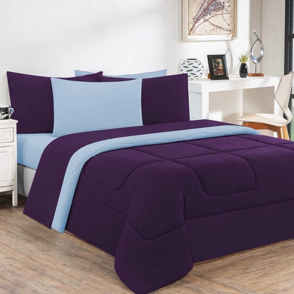 Kit Edredom + Jogo De Lençol Malha 100% Algodão Gran Moratta 7 Peças Queen - Roxo -azul Bebê