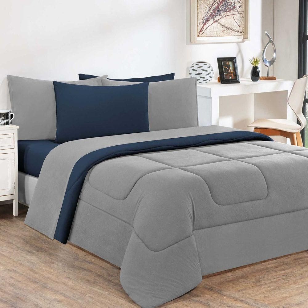 Kit Edredom + Jogo De Lençol Malha 100% Algodão Gran Moratta 4 Peças Solteiro - Cinza-azul Marinho