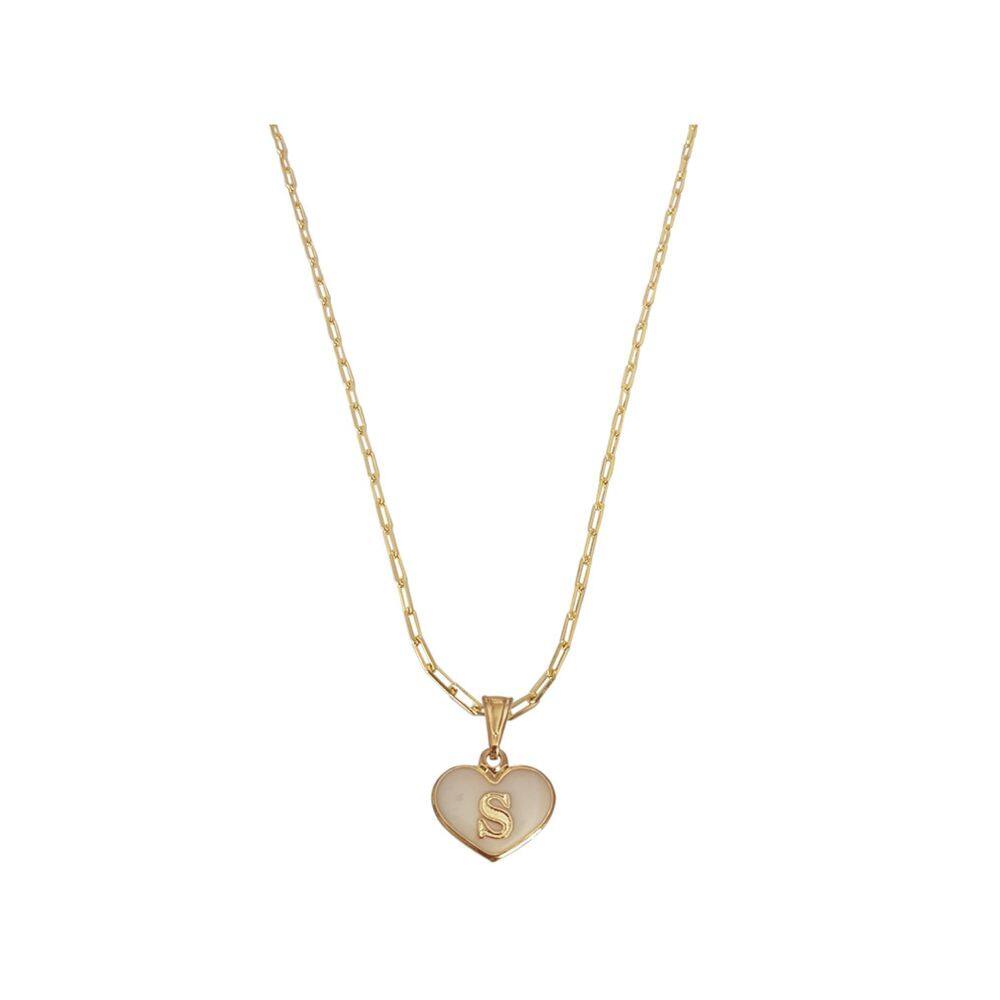 Colar Cartier 50Cm Coração Branco Letra S Banhado Ouro 18K