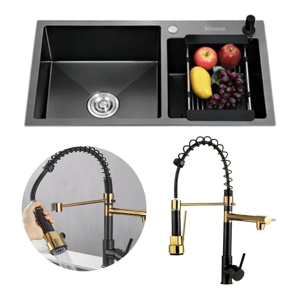 Kit Cuba Pia Gourmet Dupla Preta Aço Inox Torneira Flexível