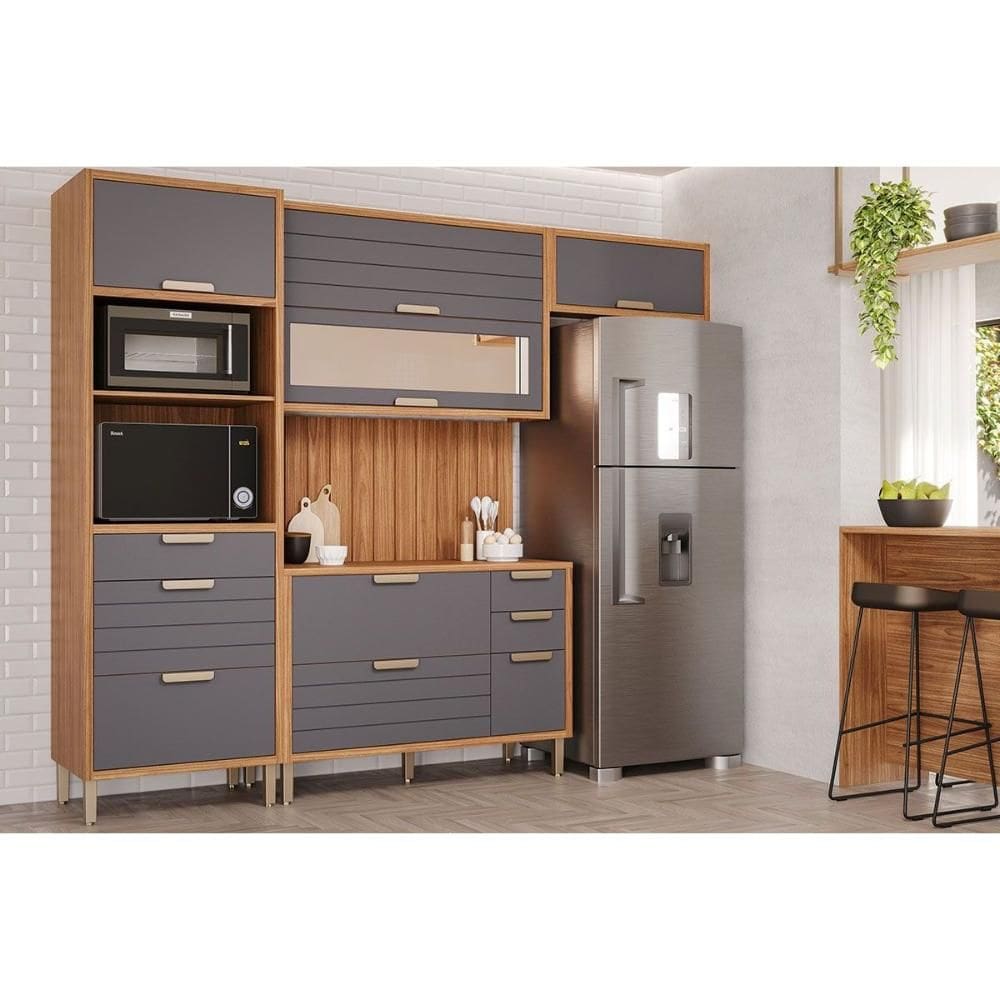 Cozinha Completa Eloise 4 Peças (2Aéreos+1Balcão+1TorreQuente) C4P180 Freijo/Titanium - MGM