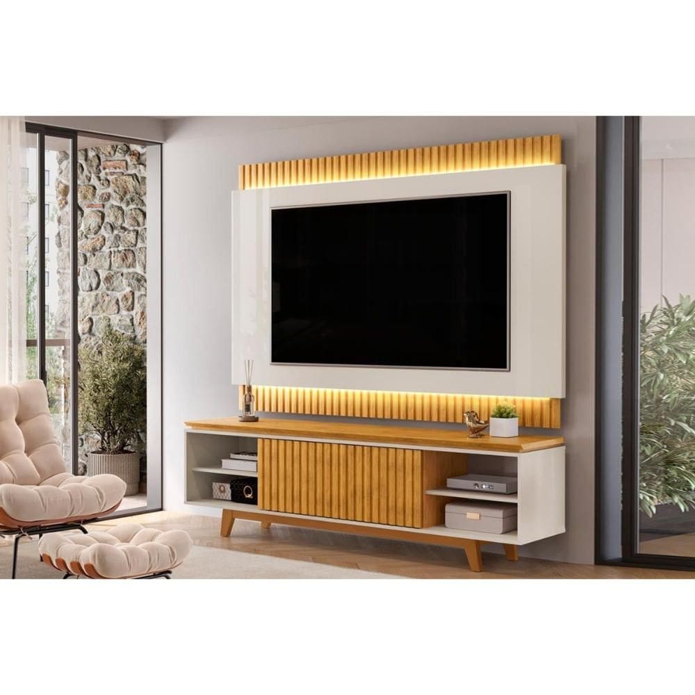 Rack Bancada c/ Painel p/ TV até 75 Polegadas Loren Ripada Nichos 200x194cm Cedro/Bali - DJ Móveis