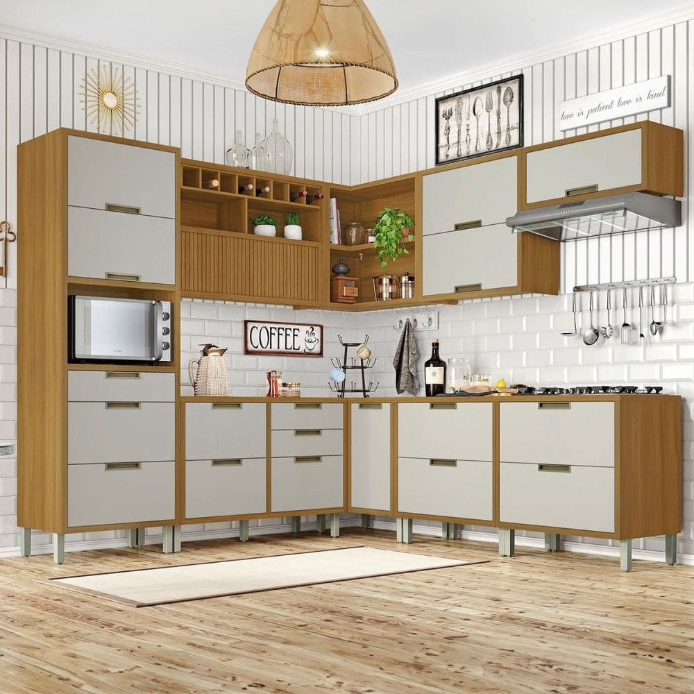 Cozinha Completa Imperatriz 10 Portas 9 Gavetas Ripado 100% Mdf Freijó/Off White - Nesher
