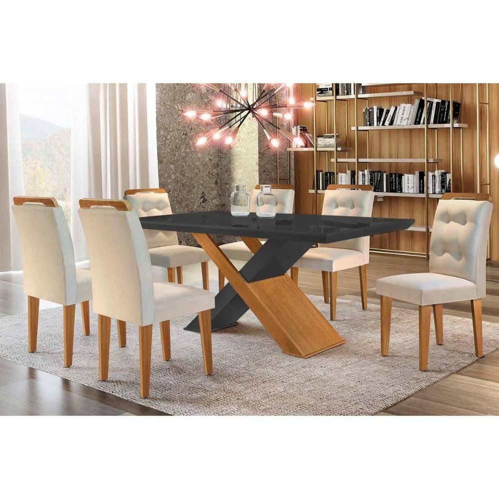 Sala de Jantar Completa Imperatriz Tampo Madeirado c/ Vidro Curvo 180x90 e 6 Cadeiras Imperatriz Imbuia/Grafite - Suede Creme - Rufato