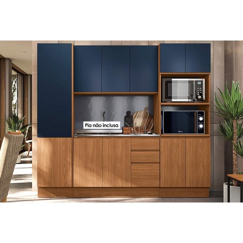 Cozinha Completa Ciela 4 Peças (1Aéreo+1Balcão+2Paneleiros) C4P81 Canela/Azul Profundo - Kappesberg