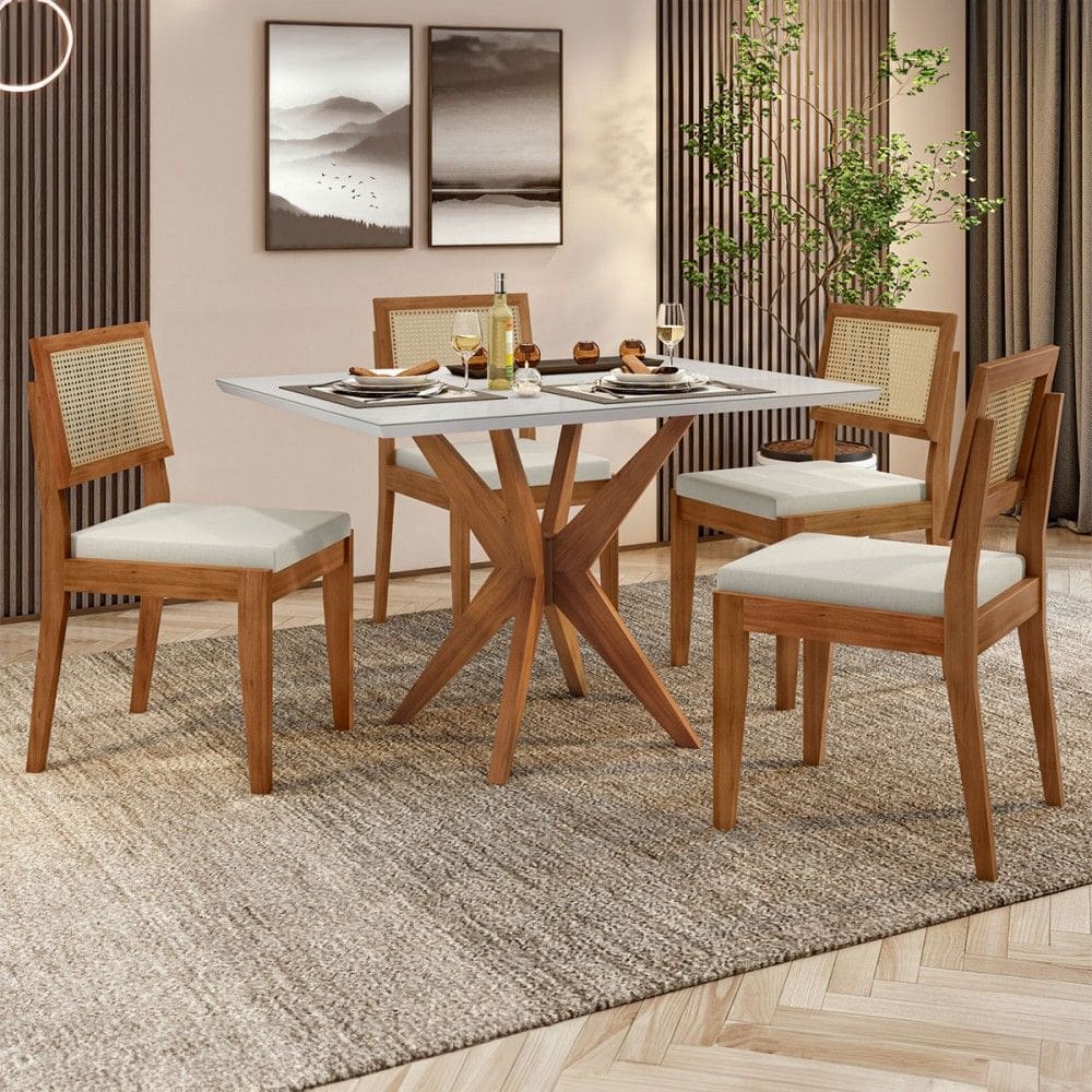 Mesa de Jantar 4 Lugares Donna com Vidro 100% Madeira Maciça Naturall/Off White - Nesher