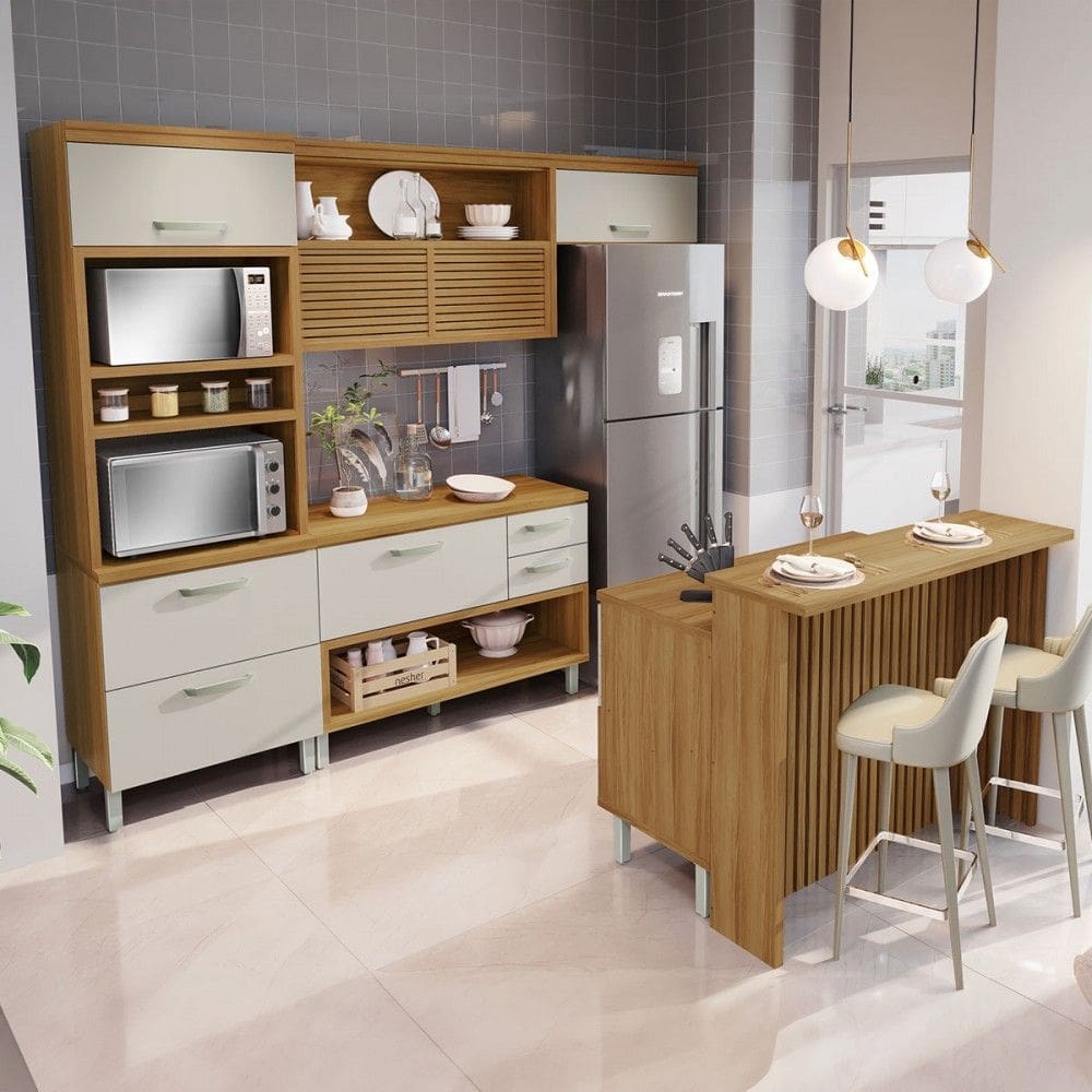 Cozinha Completa Princesa 6 Portas 5 Gavetas com Ilha Ripado 100% Mdf Freijó/Offwhite - Nesher