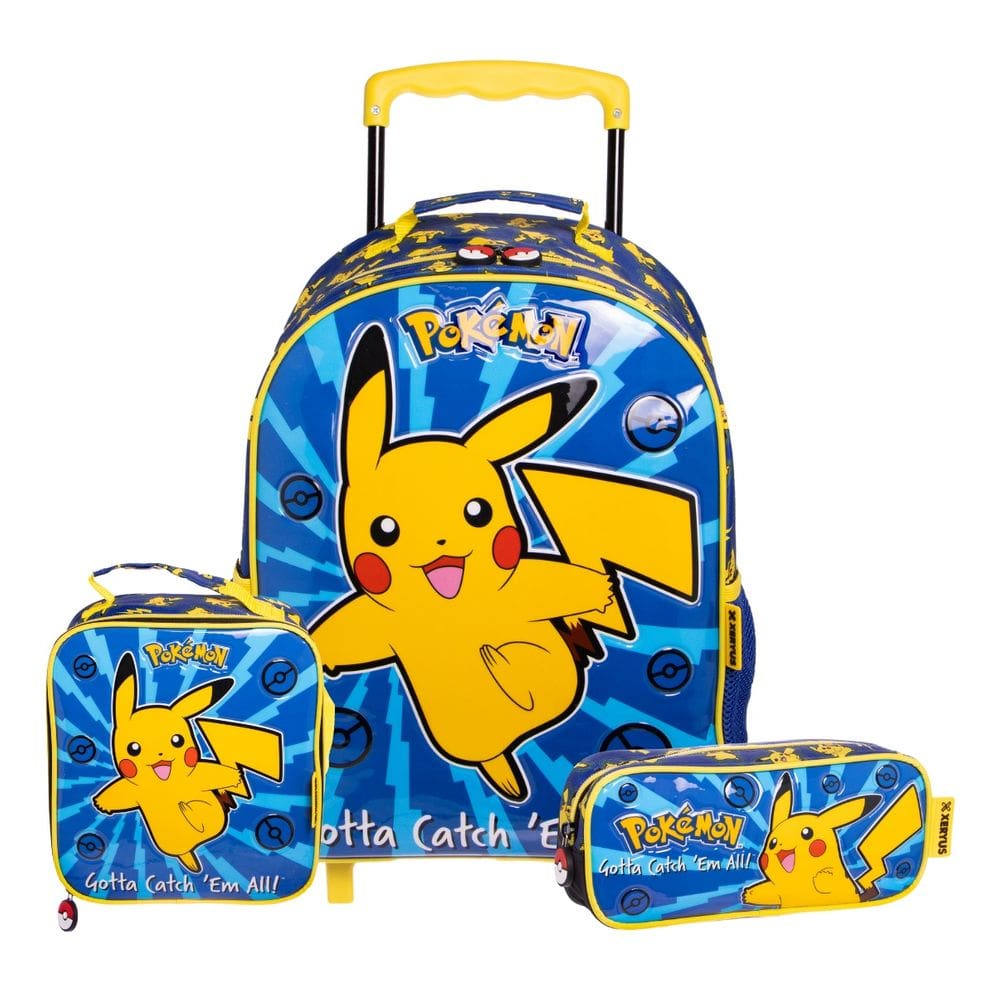 Kit Mochila Rodas 16\" Pokemon Lancheira Estojo Escolar