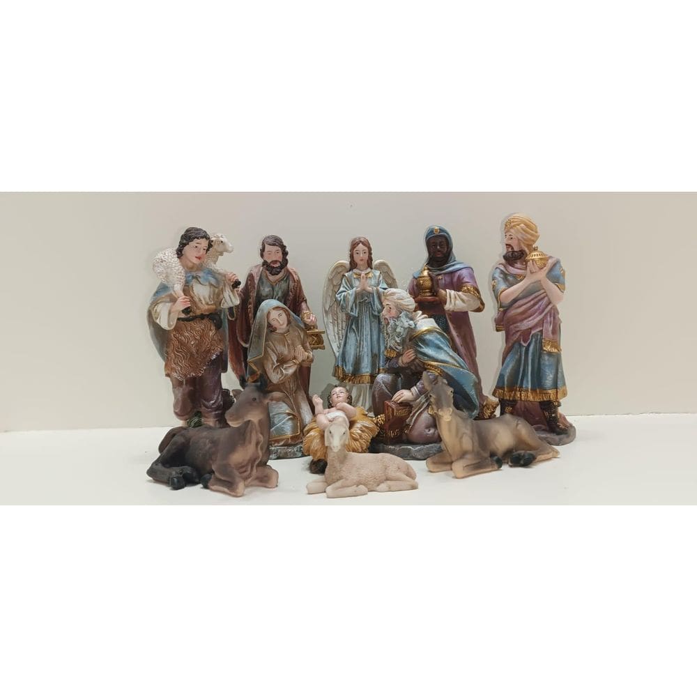 Presépio De Natal Rustico Azul De Resina 20Cm 11 Peças