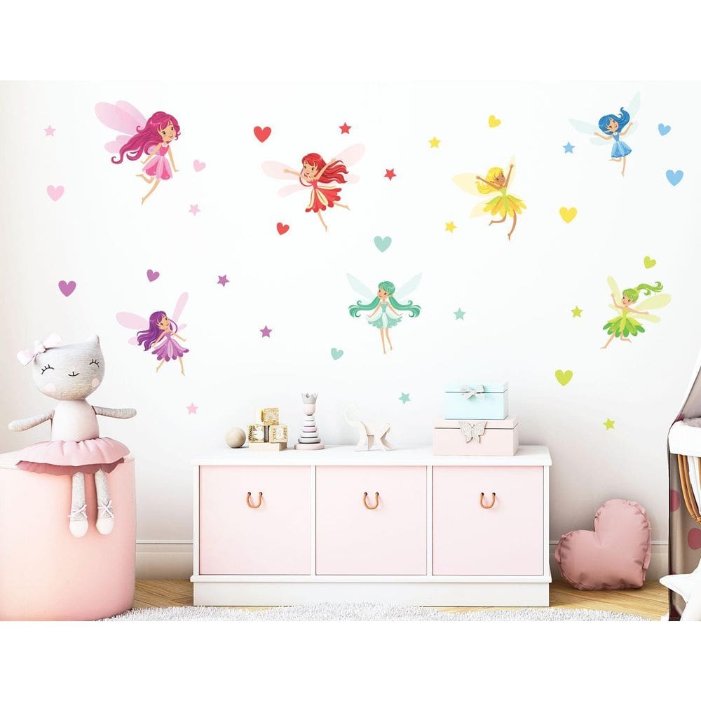 Adesivo De Parede Infantil Fadas Cute Fadinhas E Corações