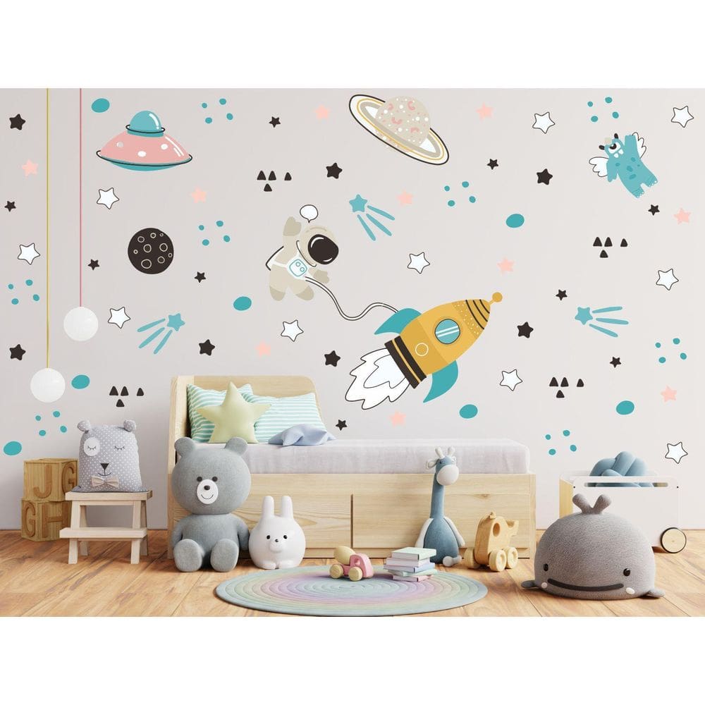 Adesivo De Parede Astronauta Foguete Espaço Cute