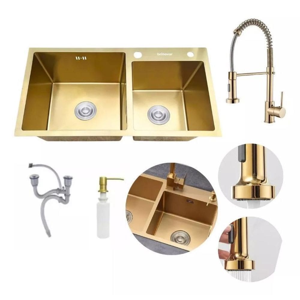 Kit Cuba Pia Dupla Cozinha Aço Inox E Torneira Flexivel