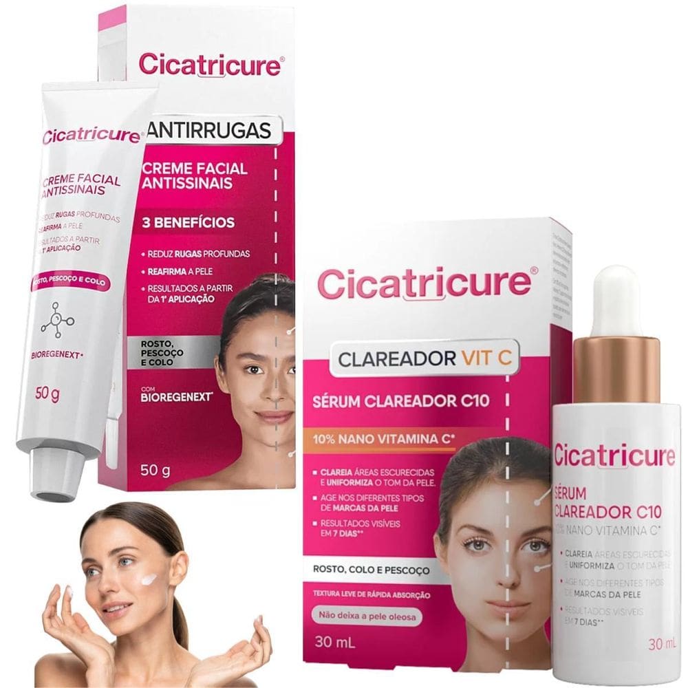 Kit Cicatricure Serum Clareador Vitc Antirrugas Creme Diurno
