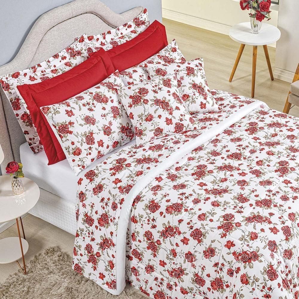 Edredom Queen Craft Percal 200 Fios 100% Algodão 5 Peças - Rosas Vermelha