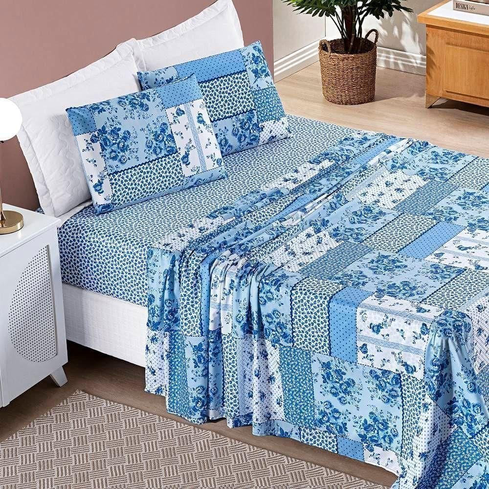 Jogo De Cama Lençol Bouti Estampado Casal Padrão 04 Peças - Azul Sereno