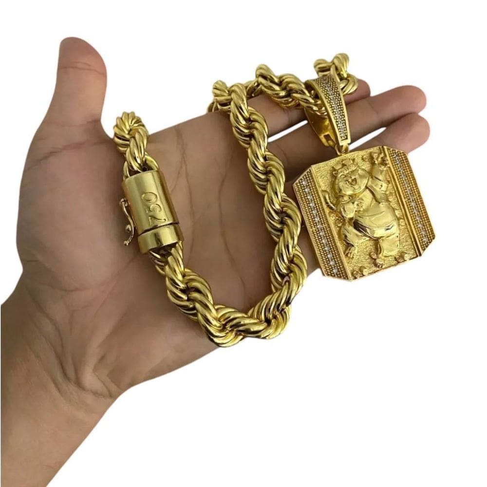 Cordão Baiano 15Mm + Pingente Tigrinho - Banhado A Ouro 18K