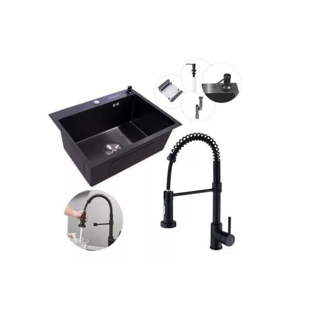 Kit Cuba Pia Aço Inox Quadrada Cozinha E Torneira Flexivel