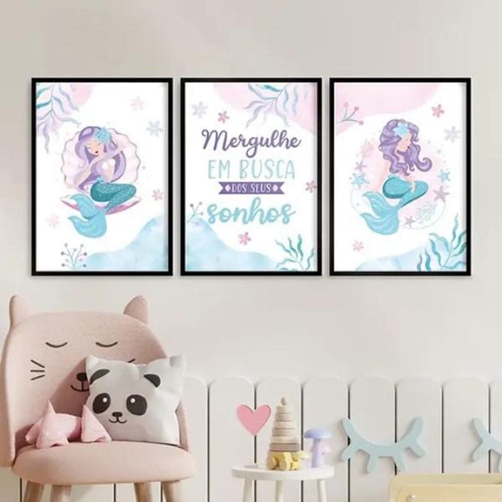 Kit 3 Quadros Menina - Sereias Sonhos 24X18Cm