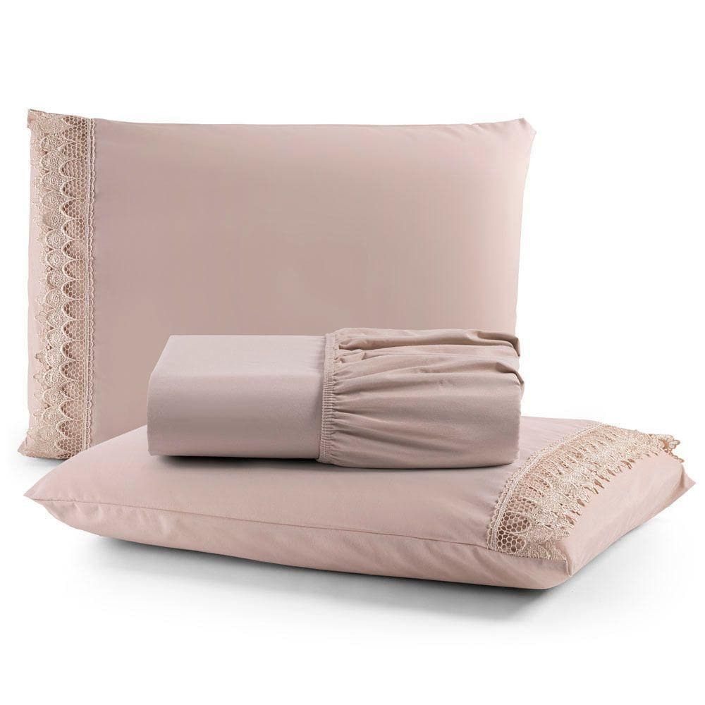Jogo Cama Lençol Haia Queen Percal 200 Fios 100% Algodão Guipir Bordado Inglês 3 Peças - Avelã