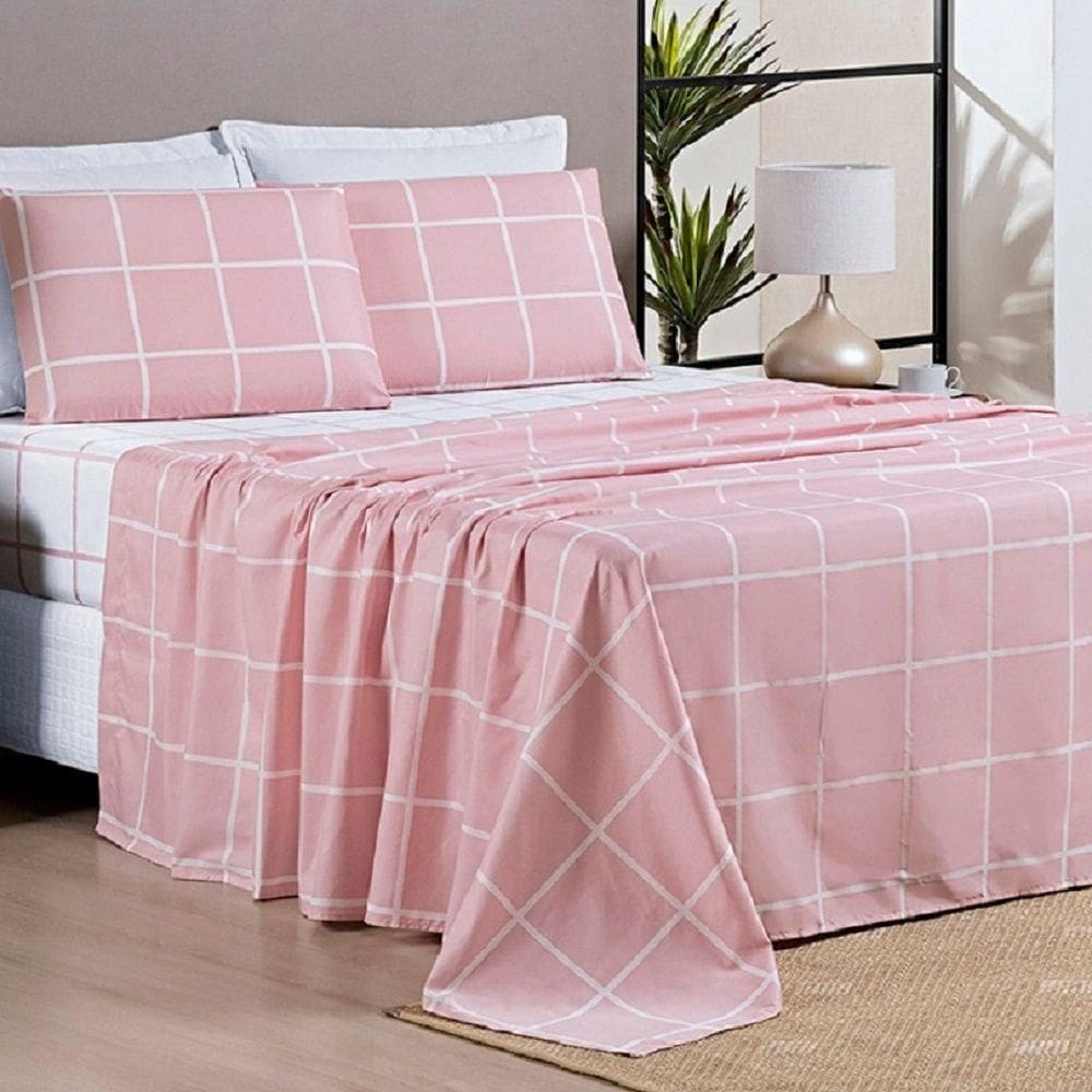 Jogo De Lençol Queen Square 4 Peças Rosa