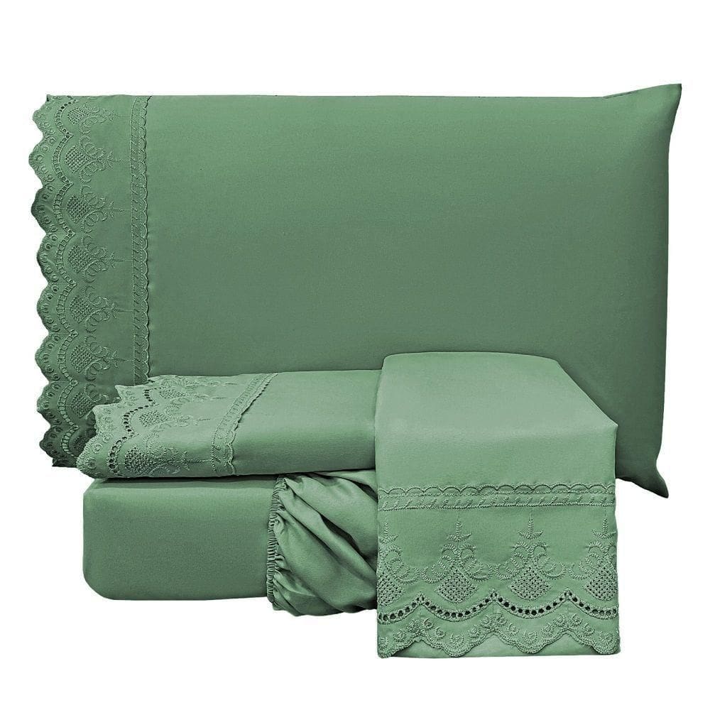 Jogo Cama King Angely Bordado Inglês 4 Pçs Esmerald