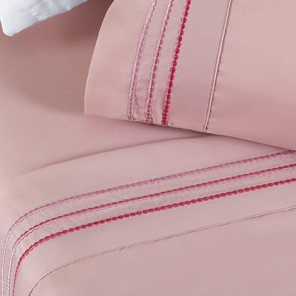 Jogo De Lençol King Yara Bordado 4 Peças Rosa
