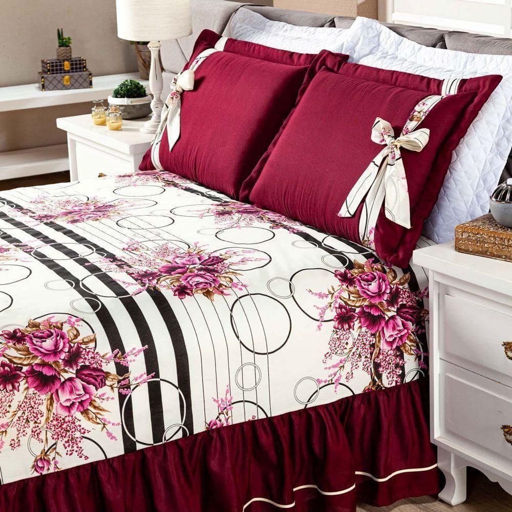Cobre Leito Isabela Queen 3 Pecas - Floral Vinho
