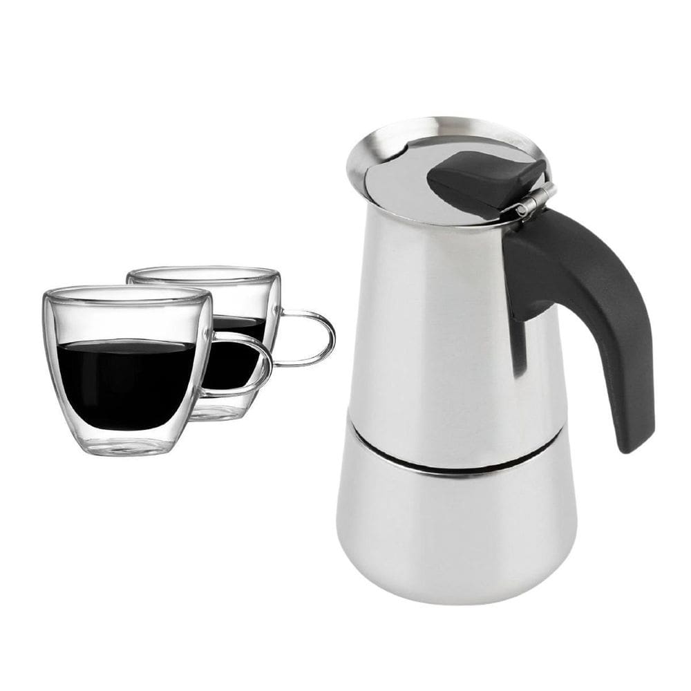 Cafeteira Italiana Moka 450Ml + 2 Canecas Vidro Duplo 120Ml