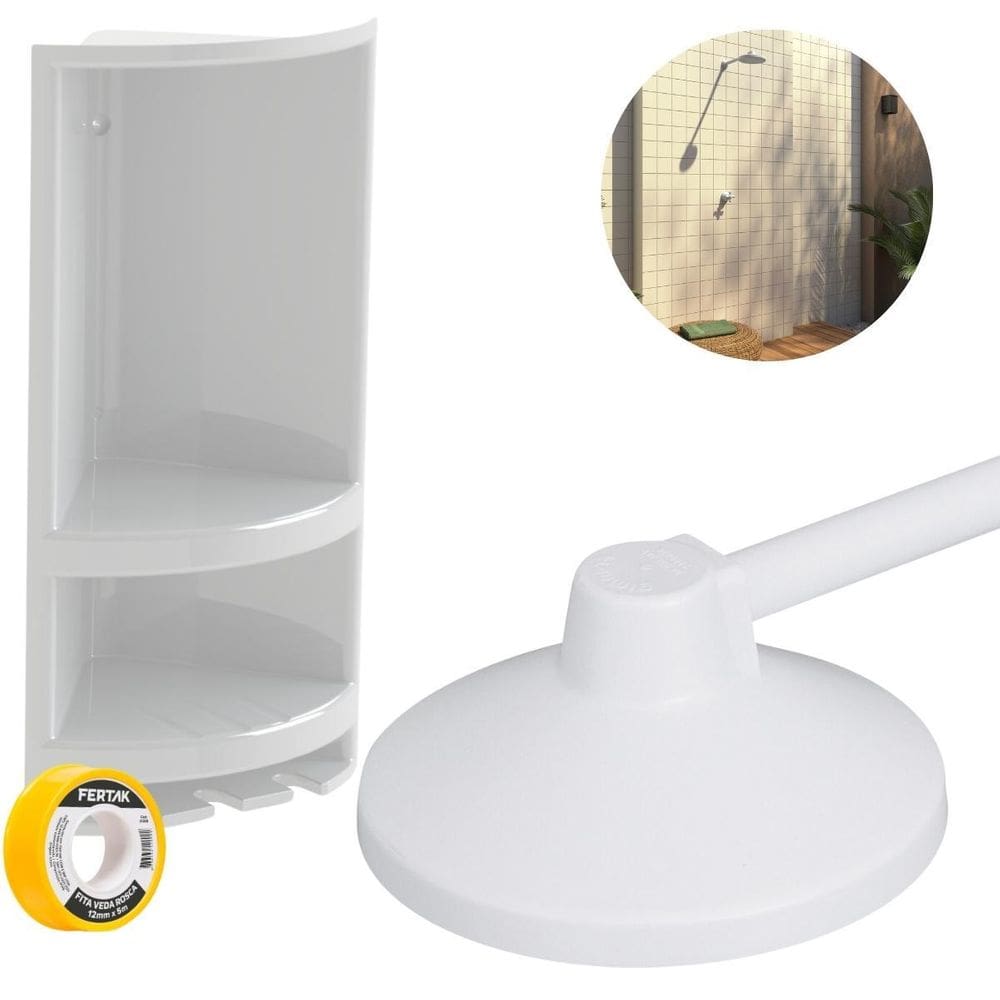 Chuveiro Ducha Fria 22Cm Branco + Porta Shampoo Branco
