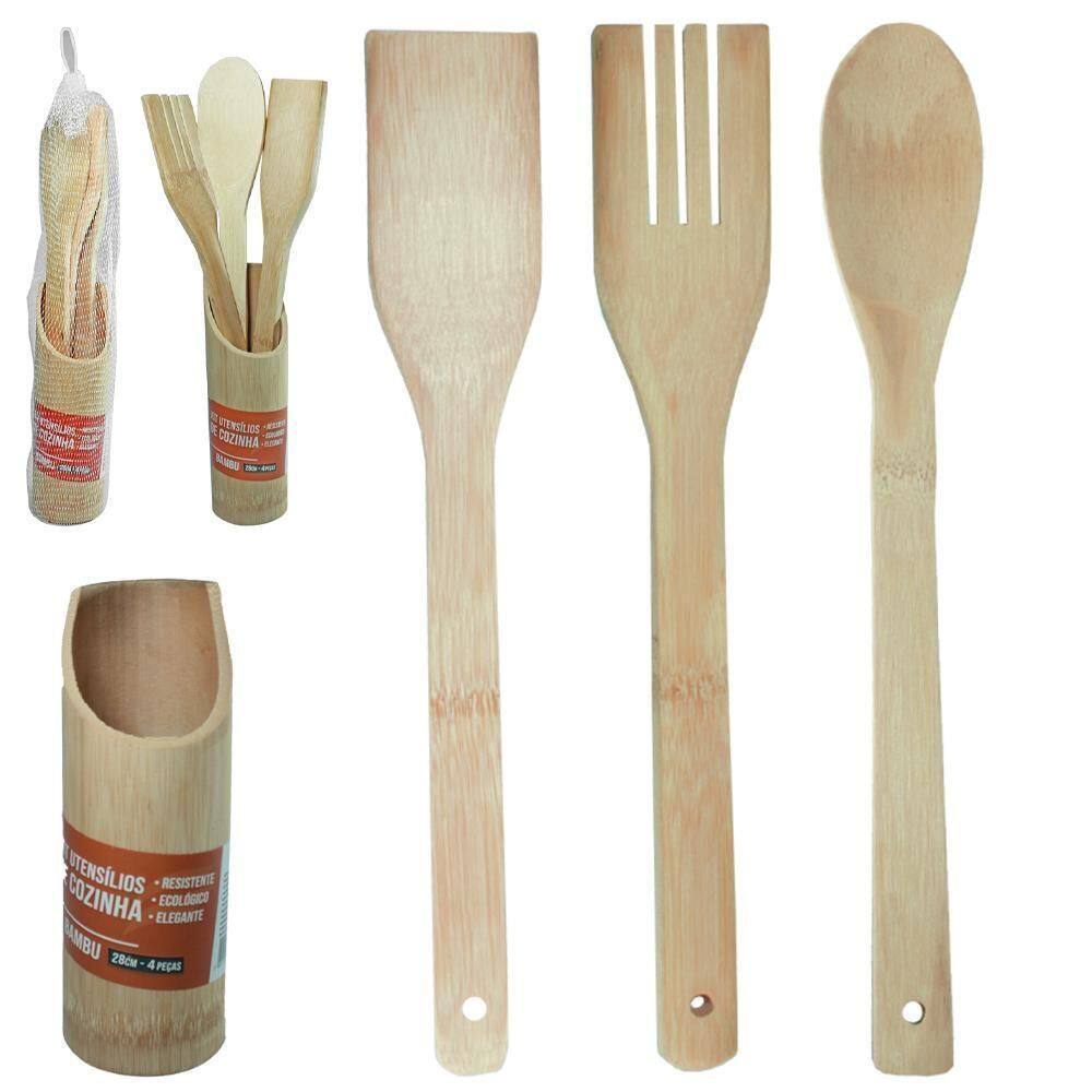 Kit Com Colher / Espatula / Garfo + Suporte De Bambu