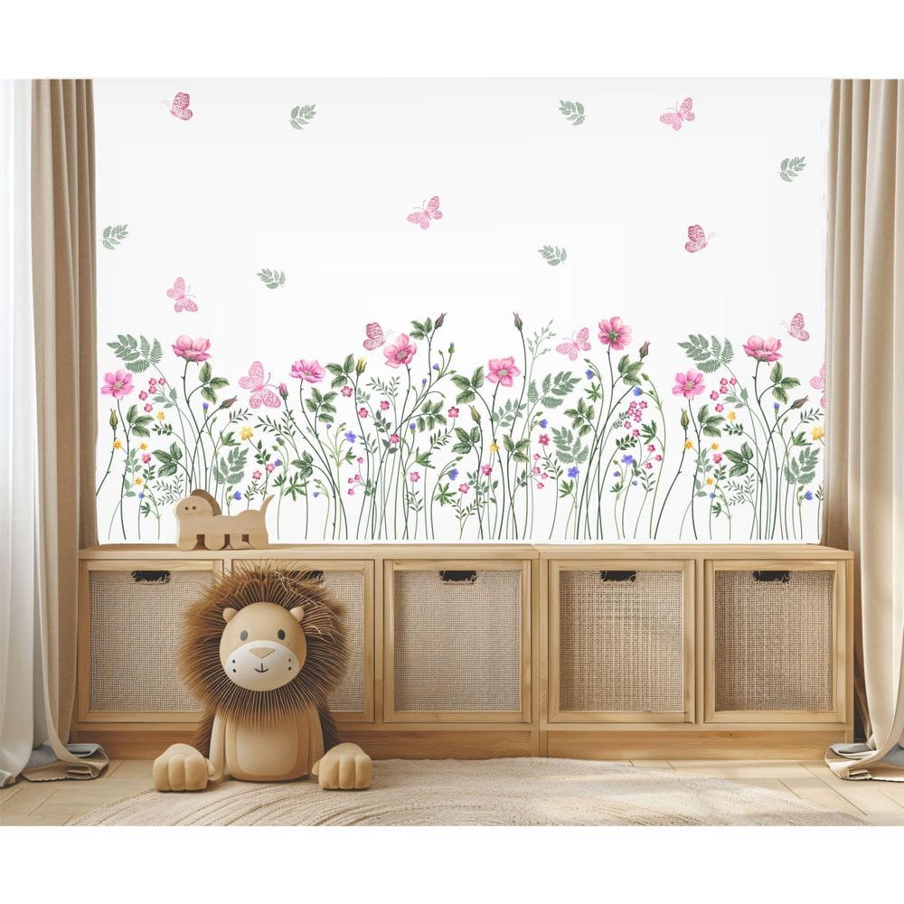 Adesivo De Parede Floral Folhagens Boho E Borboletas Jardim