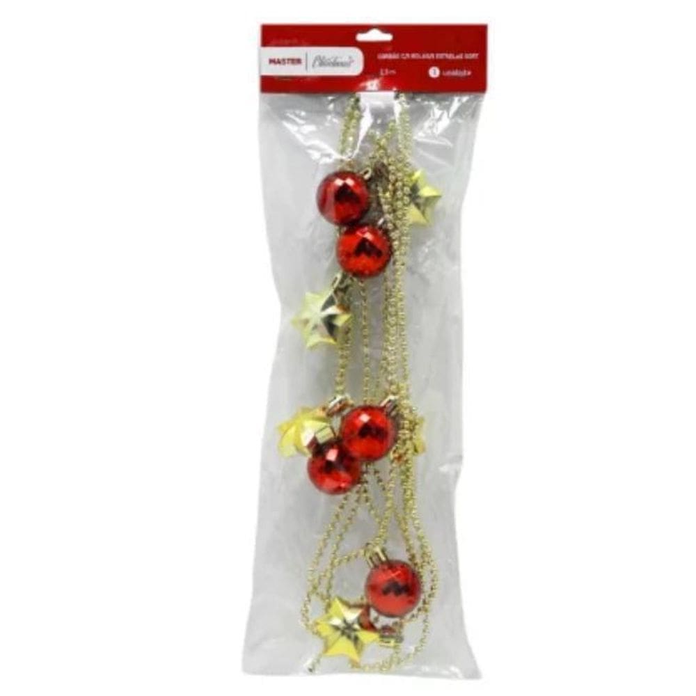 Kit 3 Cordões Vermelho Bolas Estrela 2,3M Pendente Enfeite