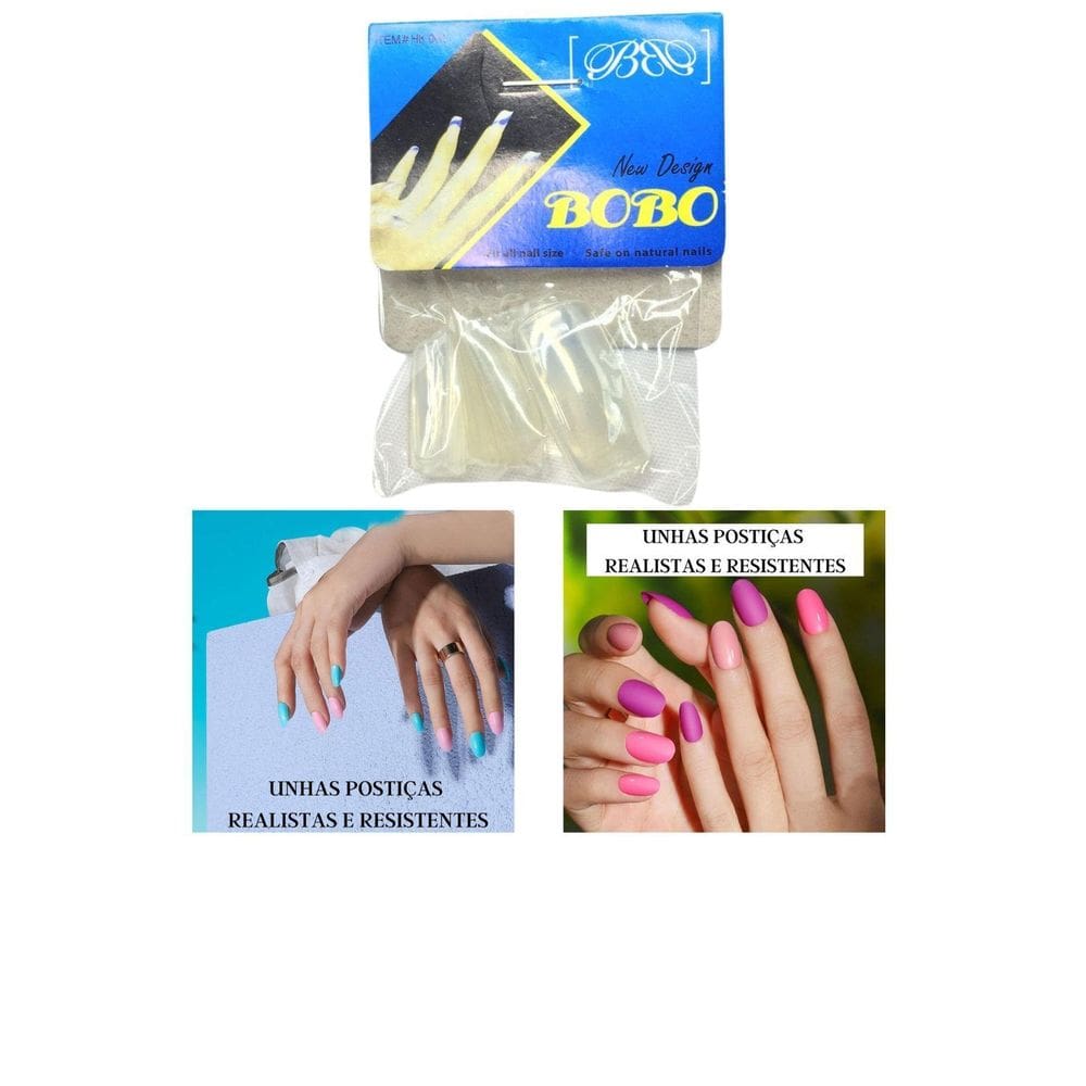 Kit 24 Unhas Postiças Realista Bobo Transparente Quadrada