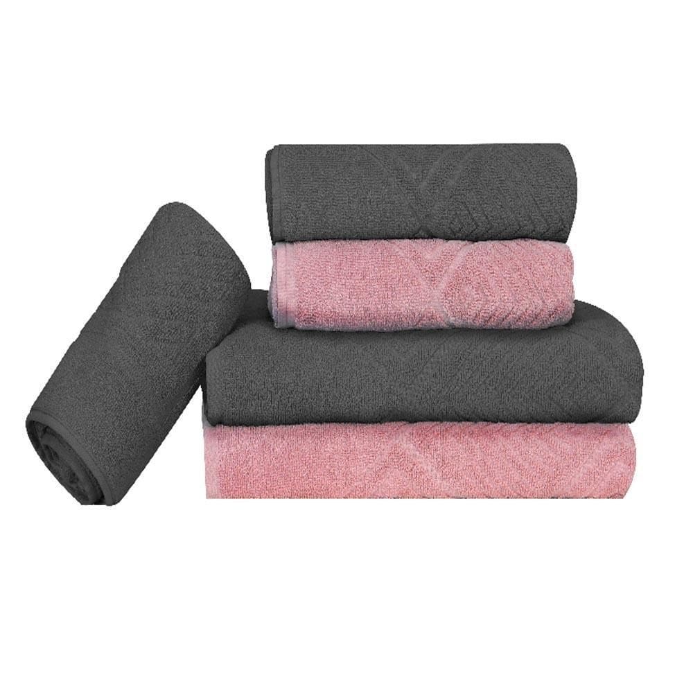 Kit Toalha Banho Rosto Tapete 5 Peças Gris E Rosa Max