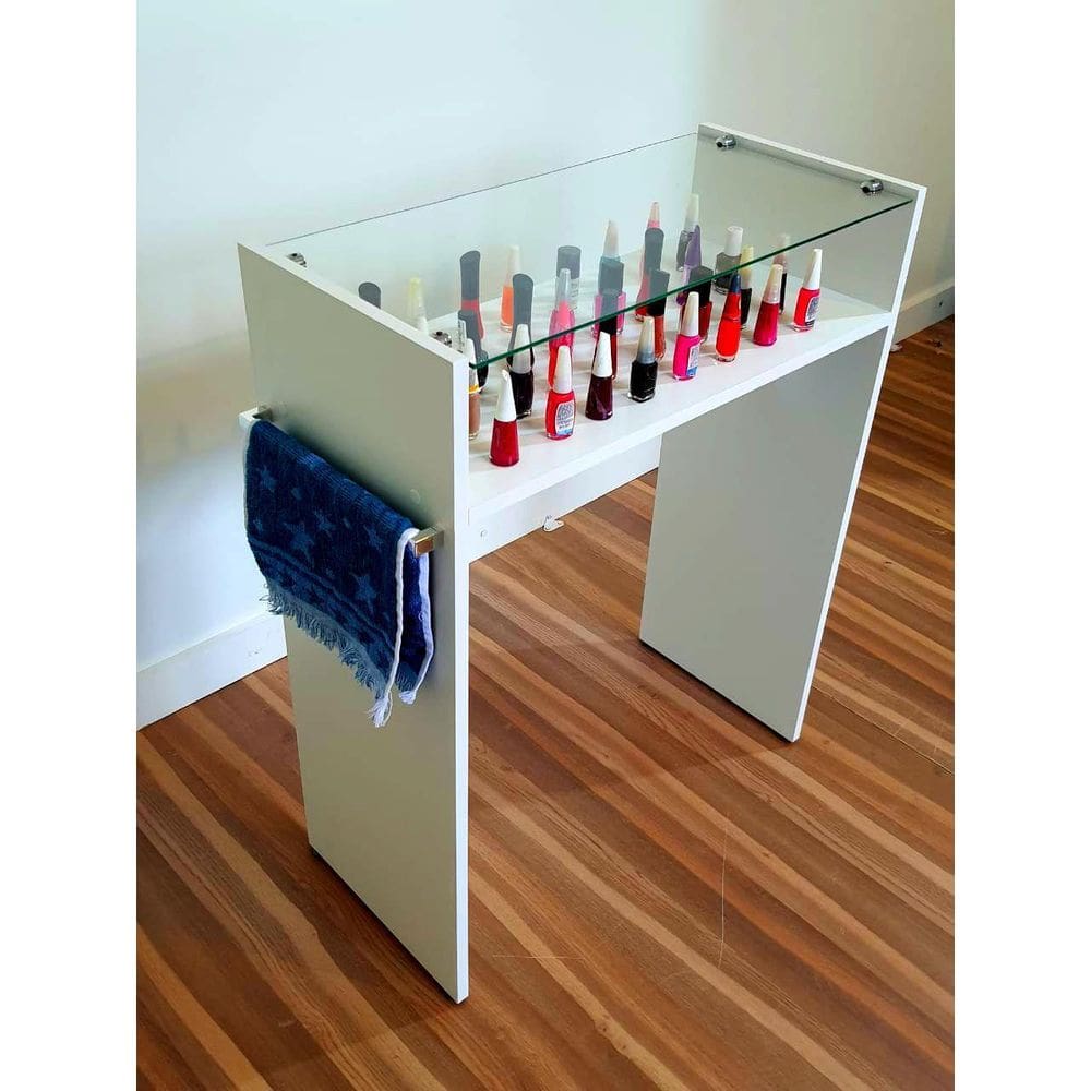 Mesa Manicure Esmalteiro Porta Toalha Tampo Vidro Temperado