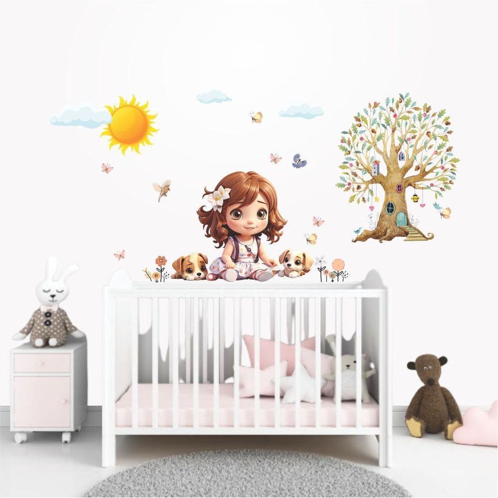 Adesivo De Parede Infantil Menina E Cachorrinhos Árvore