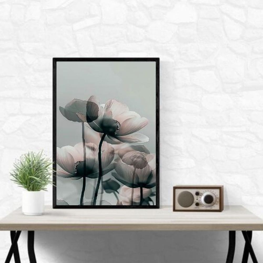 Quadro Moderno Flores Cinza 33X24Cm - Com Vidro