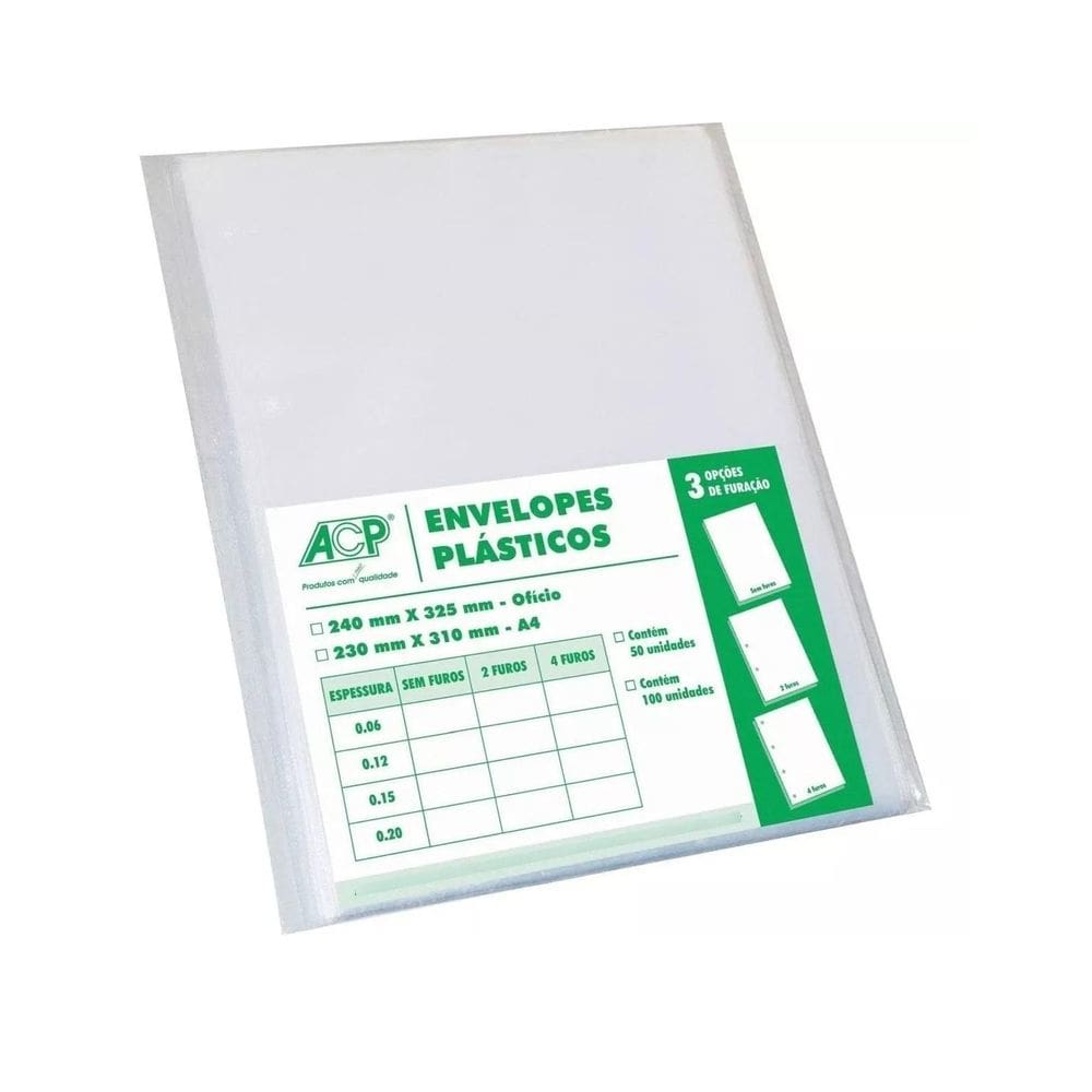 Envelope Plástico Ofício 4 Furos Grosso 0.20Mm 100 Un.