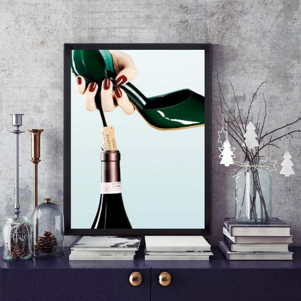 Quadro Vinho - Sapato Salto Saca Rolha 24X18Cm - Com Vidro